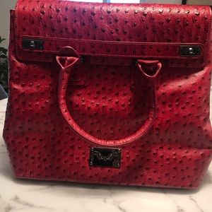 Malan Breton Designer Satchel - Red Ostrich Leather - Elizabeth Style